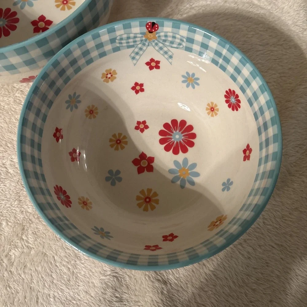 Temptations Blue Gingham Gardens 1.5 & 2 QT Oven Safe Ceramic Bowls